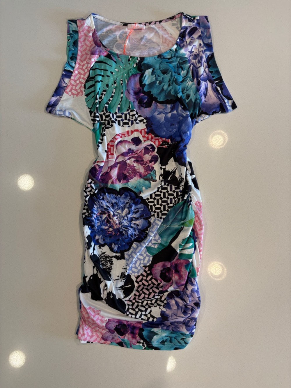 Bodycon Mini Dress-Floral Multicolor- Blue, Pink & Green